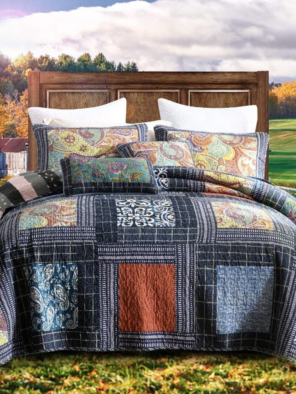 Cotton Patchwork Bedspread, 3-Piece Bedding Quilt Set with Real Stitched Embroid